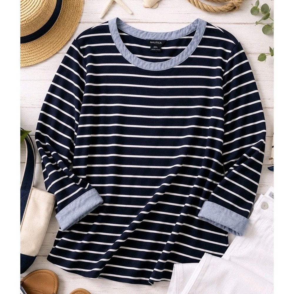 Nautica XXL Navy White Stripe Top Coastal Preppy Nautical Chambray 3/4 Sleeve